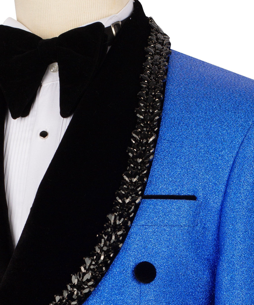 Close-up: black velvet tuxedo collar with silver-toned stone embroidery on lapel edge