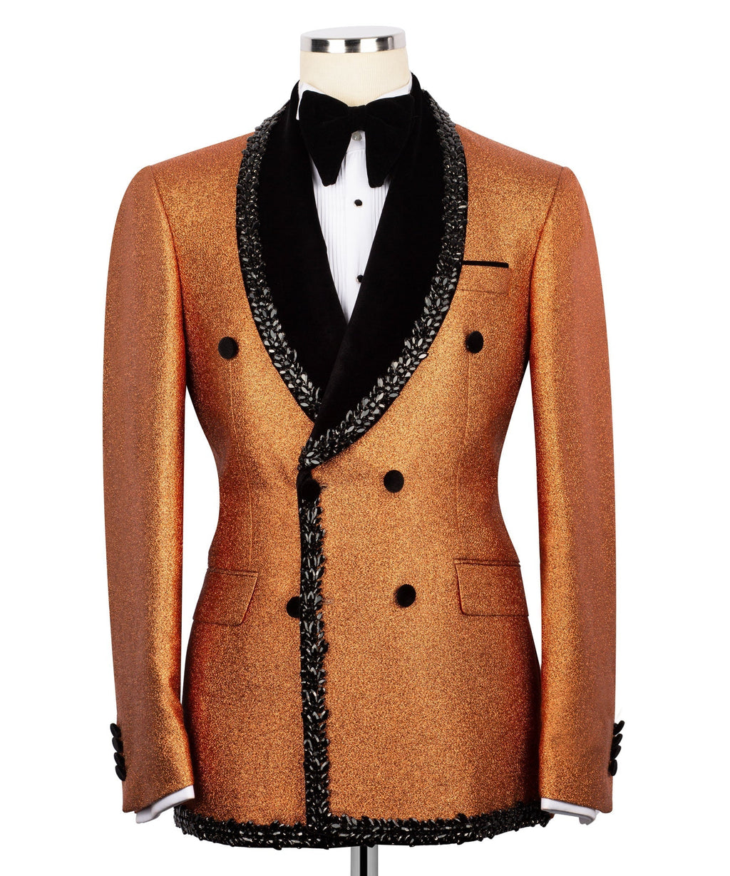 Gold tuxedo jacket with black velvet collar, bow tie and beaded trim