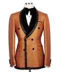 Gold tuxedo jacket with black velvet collar, bow tie and beaded trim