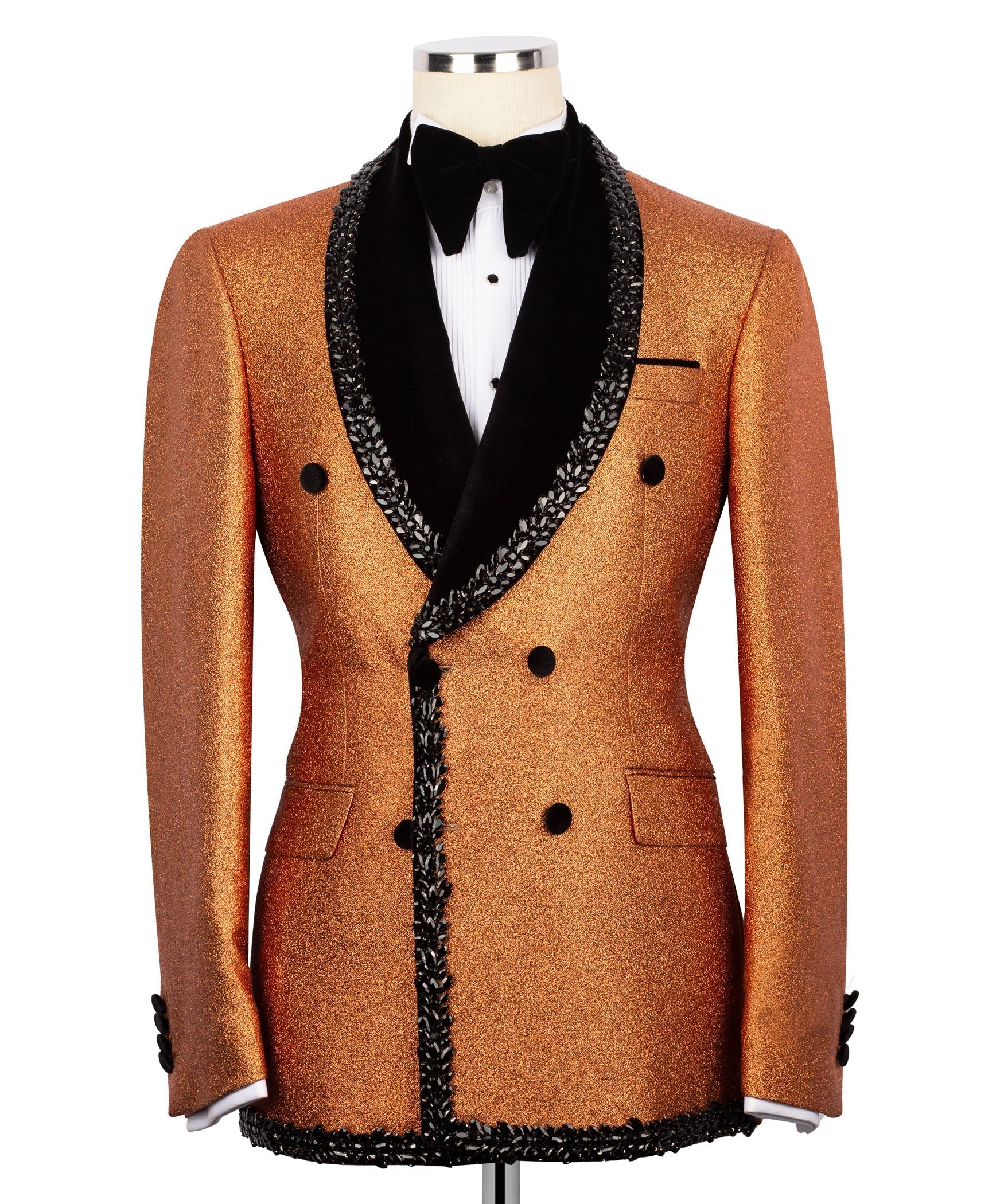 Gold tuxedo jacket with black velvet collar, bow tie and beaded trim
