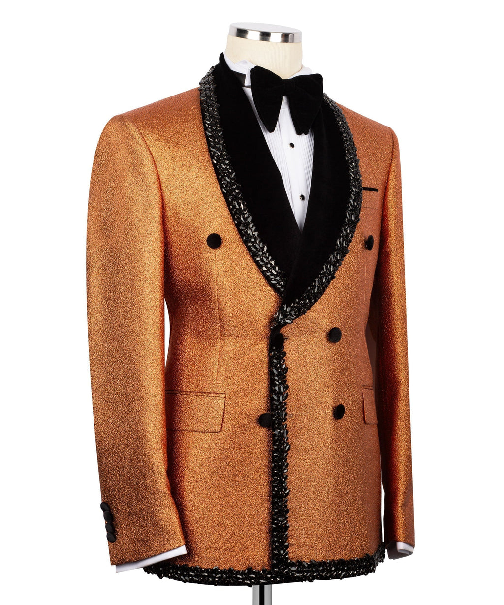 Gold tuxedo jacket with black velvet lapels, beaded trim and button details