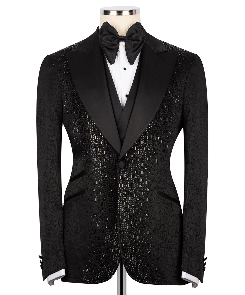 Black tuxedo jacket with embroidered pattern and satin lapels, front view