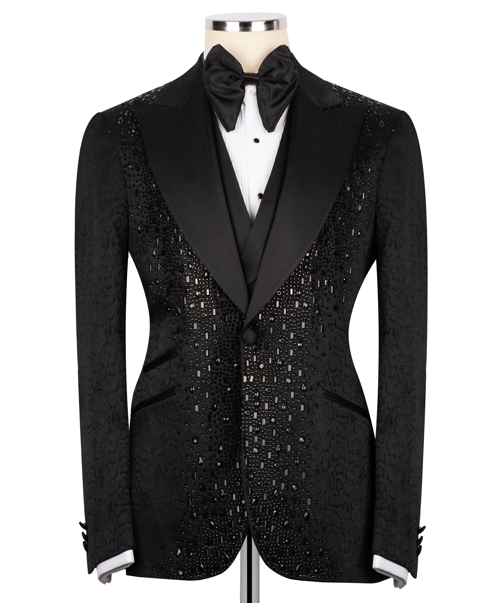 Black tuxedo jacket with embroidered pattern and satin lapels, front view