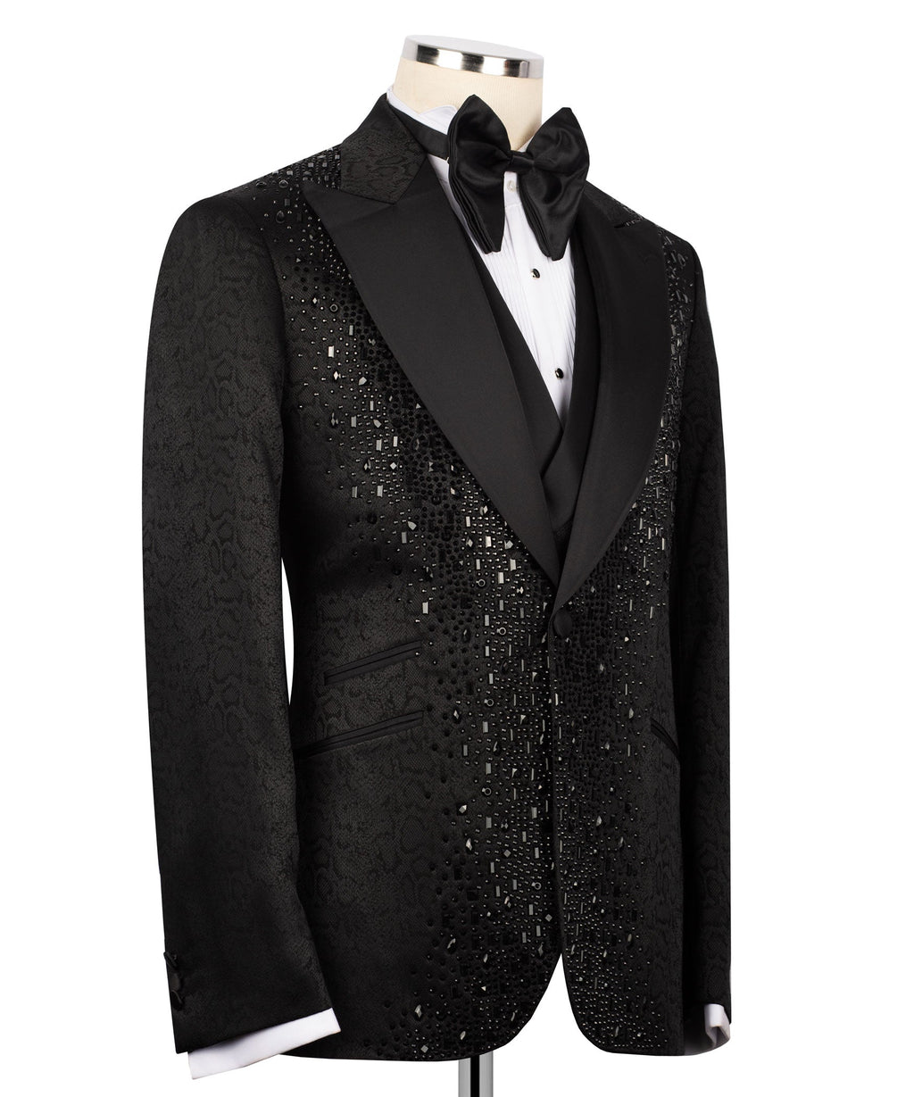 Black tuxedo jacket with embroidered front, satin lapels and bow tie