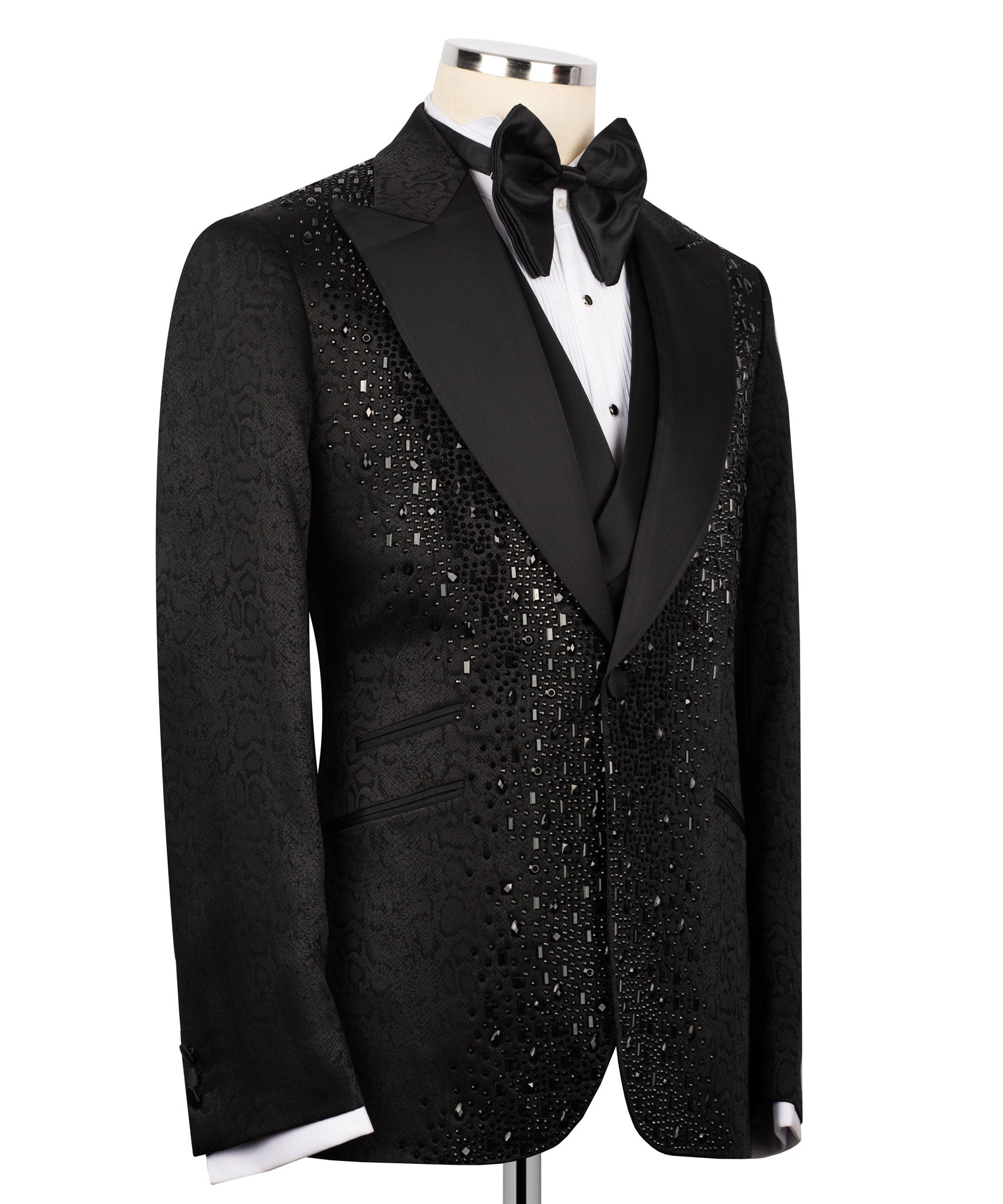 Black tuxedo jacket with embroidered front, satin lapels and bow tie