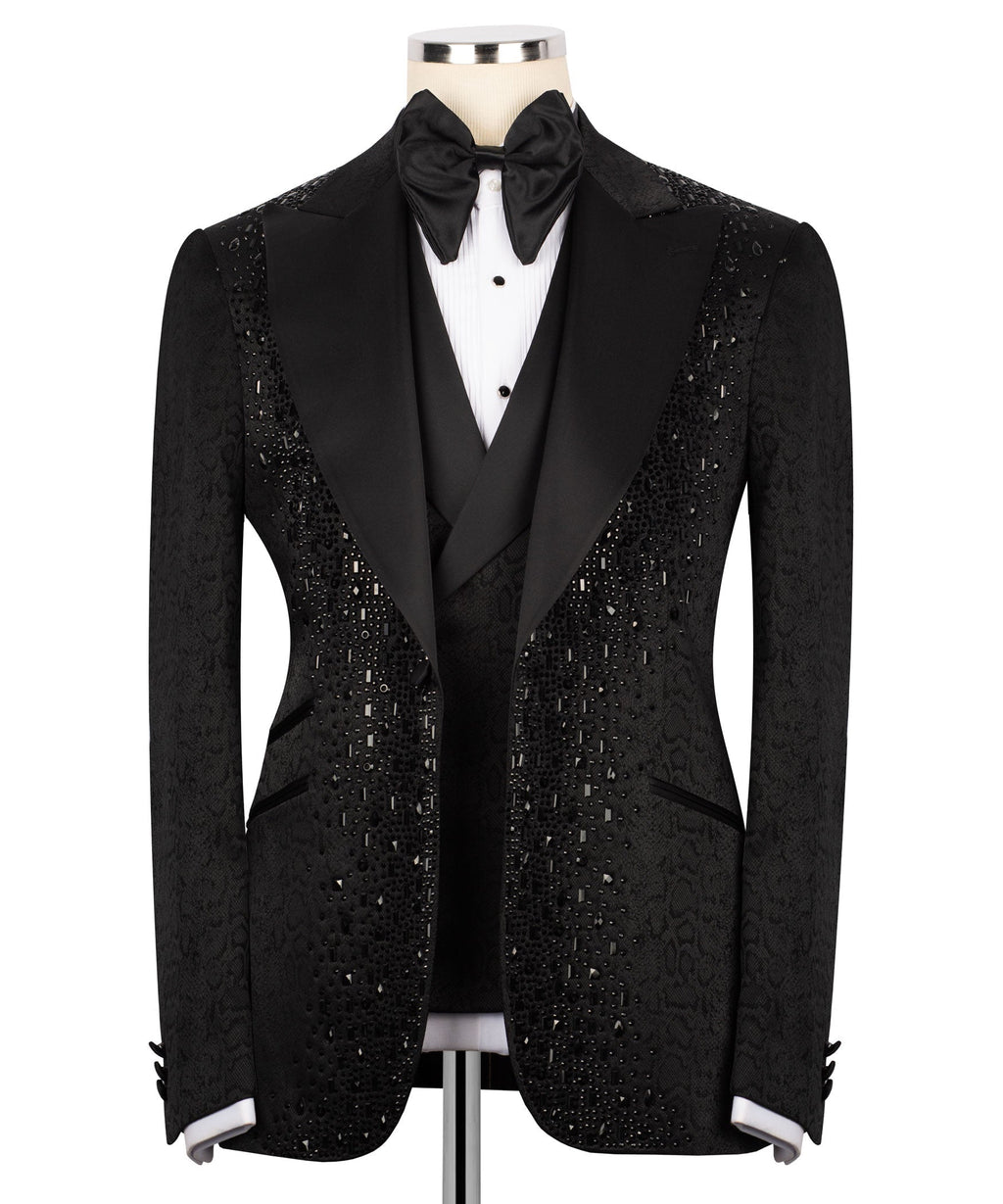 Black embroidered tuxedo jacket, satin lapels and bow tie—3-piece set