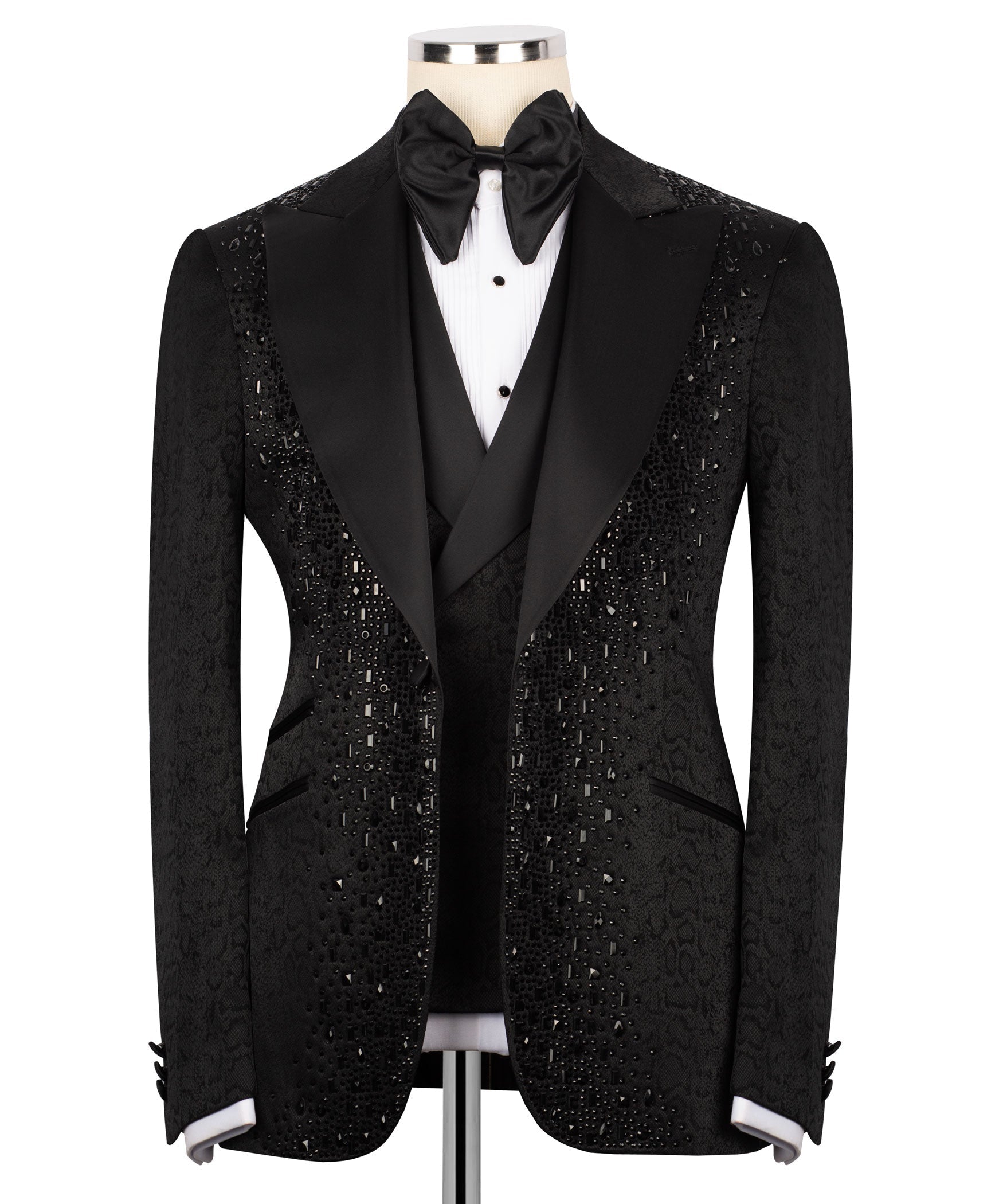 Black embroidered tuxedo jacket, satin lapels and bow tie—3-piece set