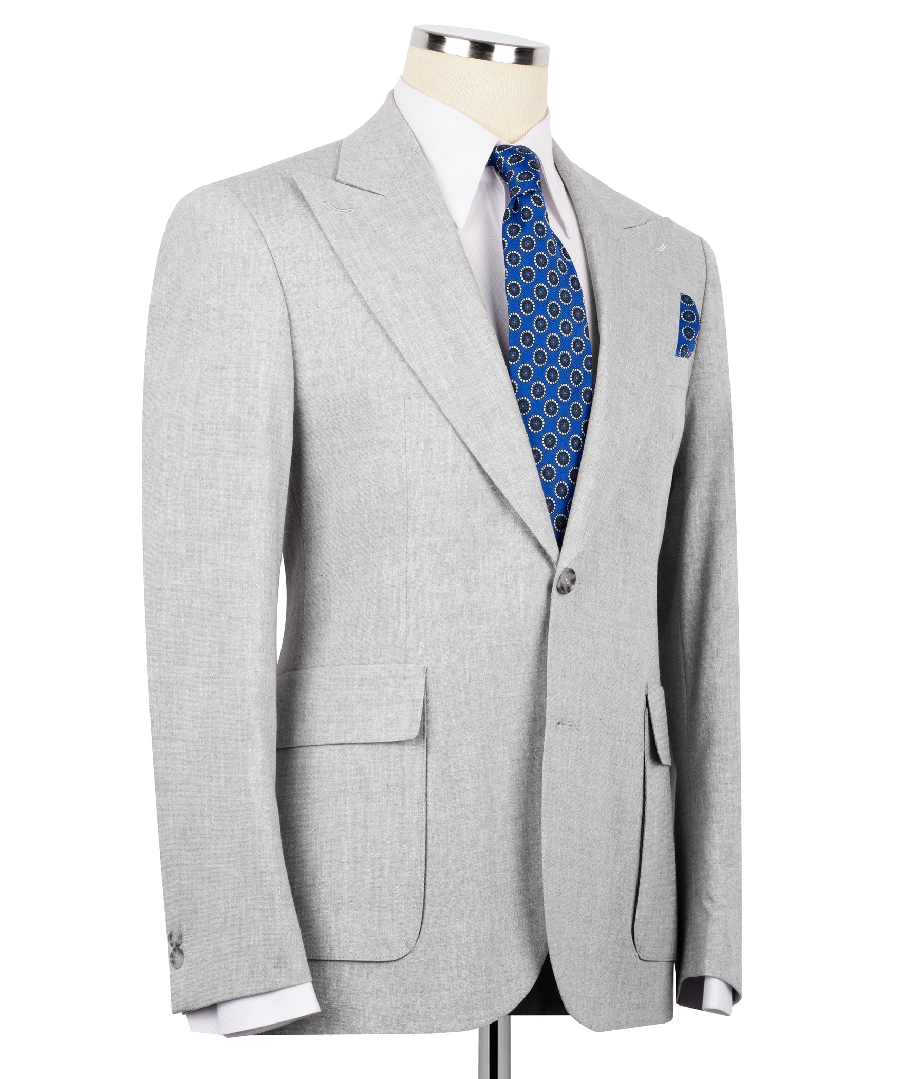 Light gray linen two-piece suit jacket on hanger, notch lapels and front button closure
