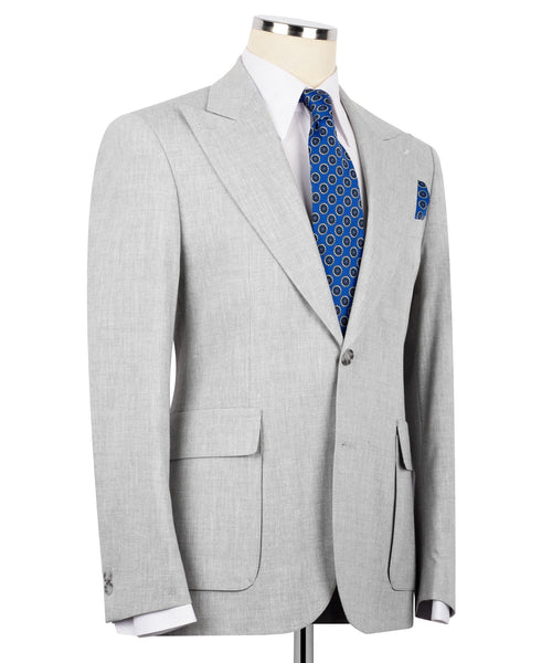 Light gray linen two-piece suit jacket on hanger, notch lapels and front button closure