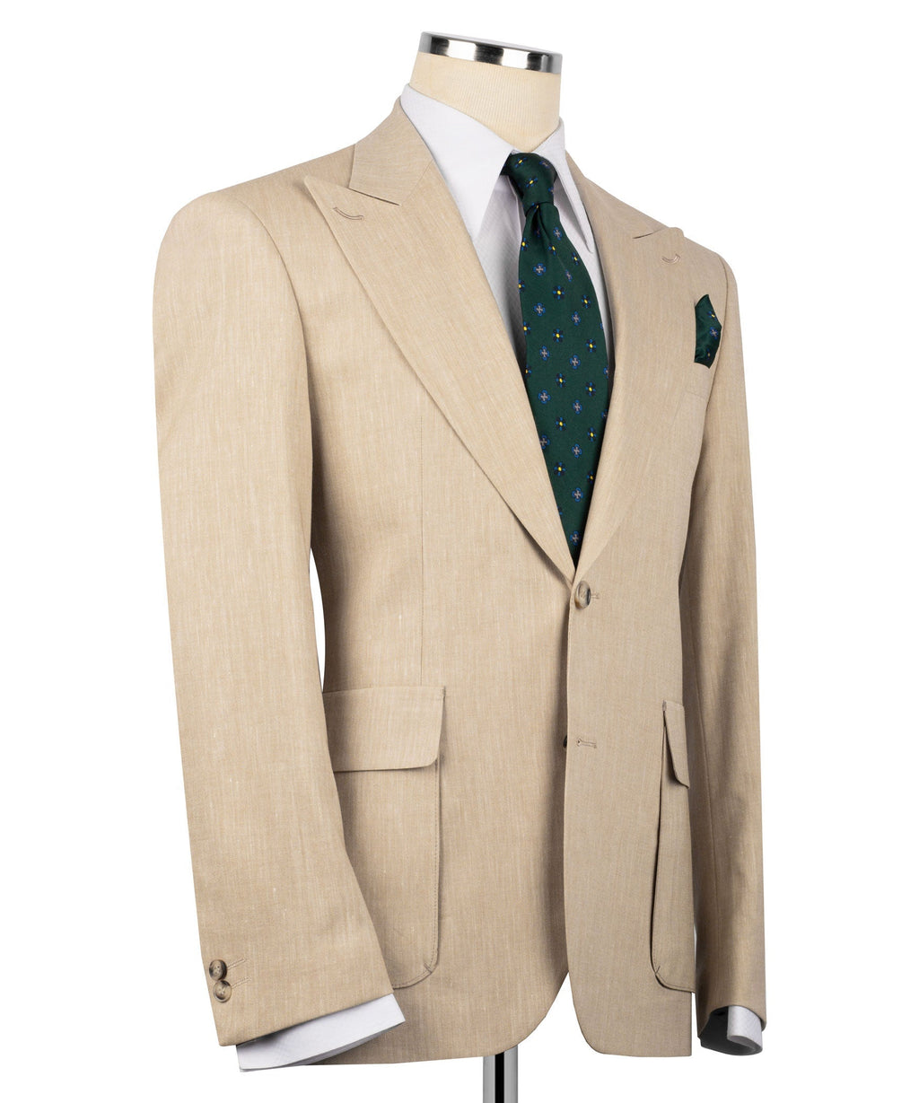 Beige linen suit jacket, side profile with notch lapels and single-button closure