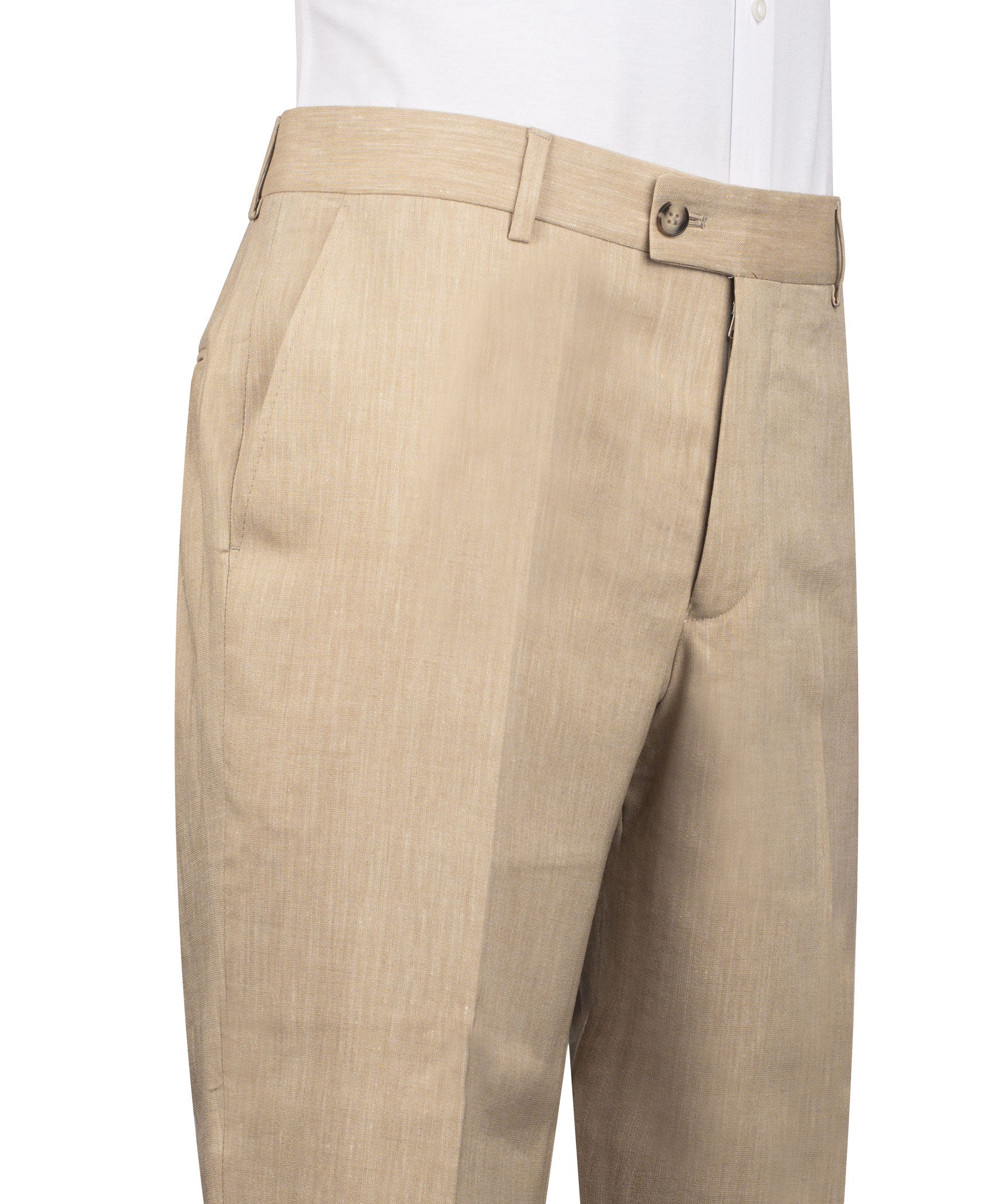 Beige linen dress pants with button waistband, pleats, and side pockets