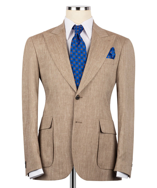 Tan linen blazer with notch lapels, two front pockets, blue patterned tie and pocket square