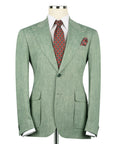 Green linen suit jacket with notch lapels, two-button front, and flap pockets
