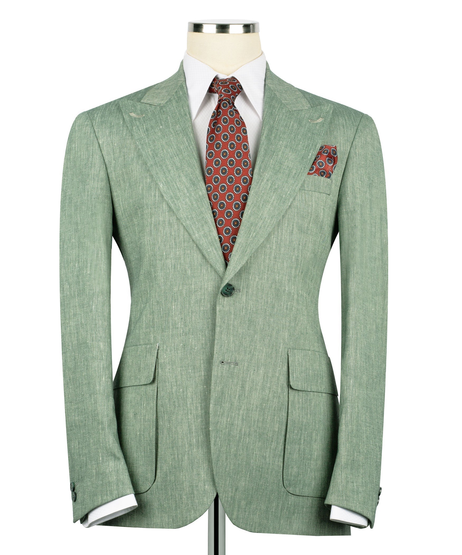 Green linen suit jacket with notch lapels, two-button front, and flap pockets