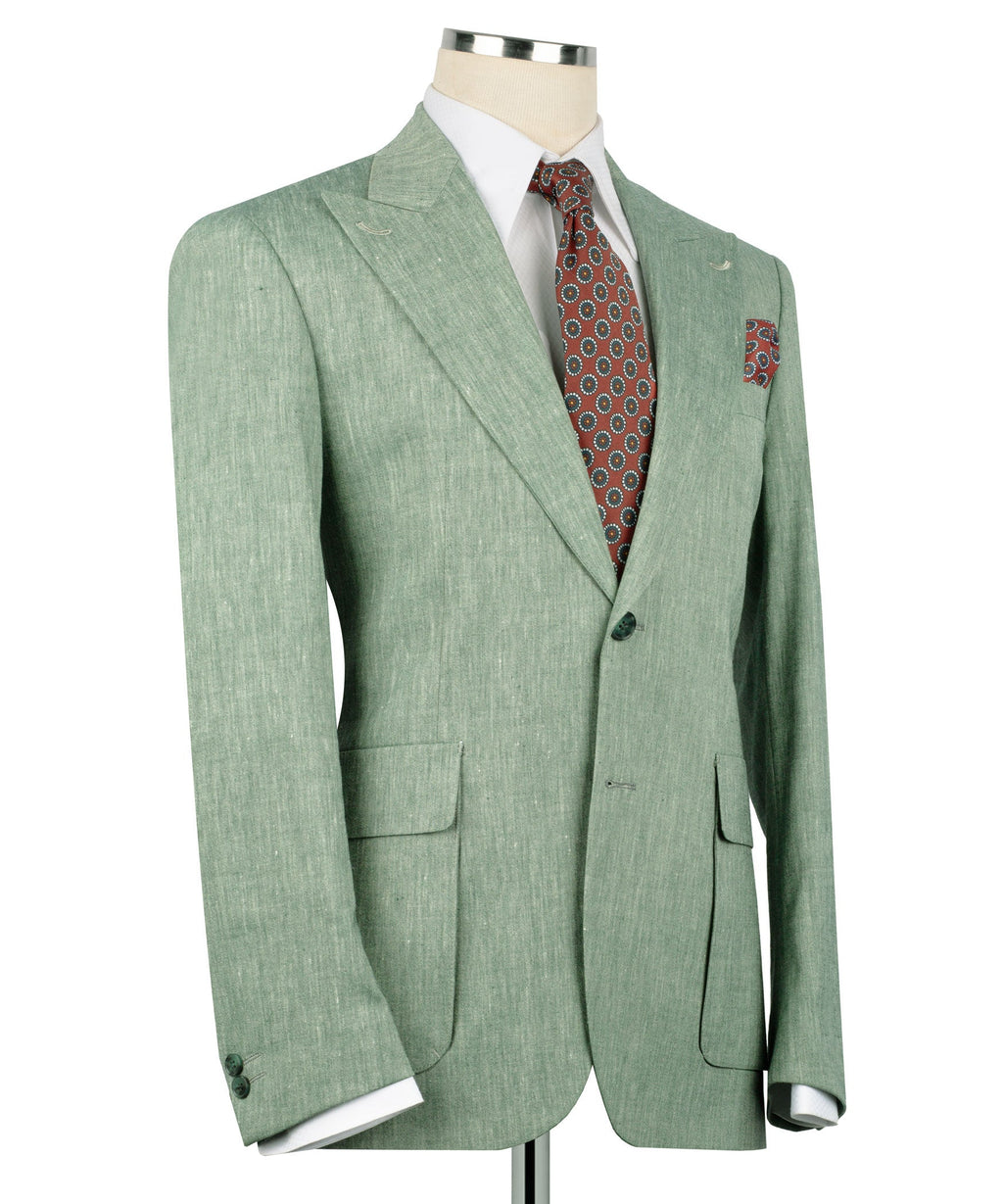 Green linen suit jacket with patch pockets and two-button front, angled view