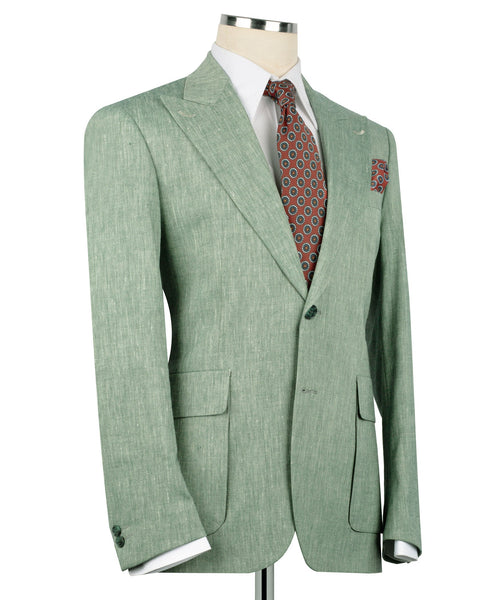 Green linen suit jacket with patch pockets and two-button front, angled view