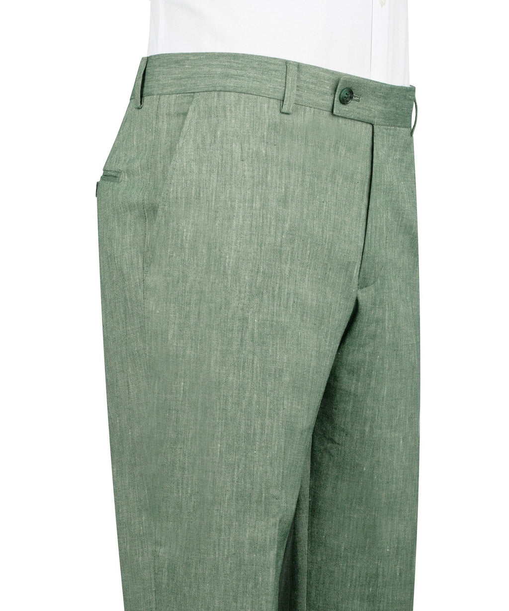 Green linen suit trousers with belt loops, button waist, and straight leg