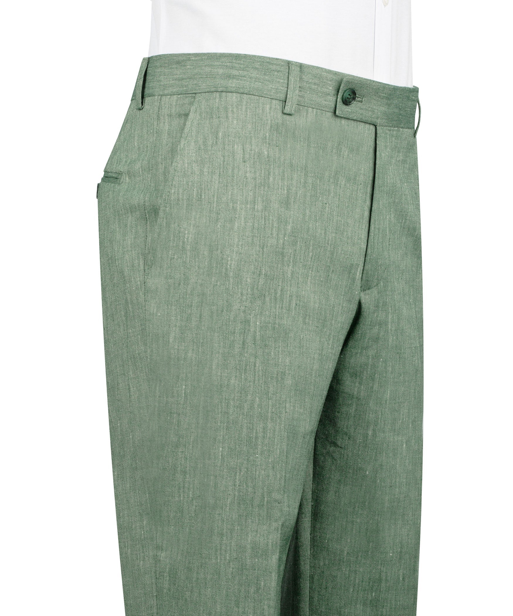 Green linen suit trousers with belt loops, button waist, and straight leg