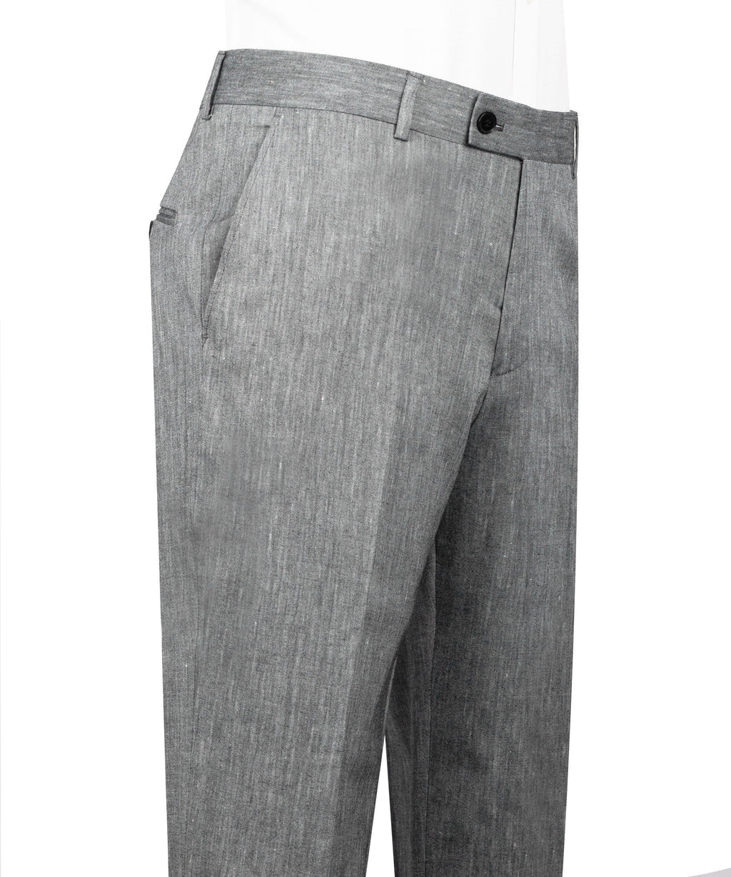 Gray linen suit trousers with waistband, belt loops and front pleats