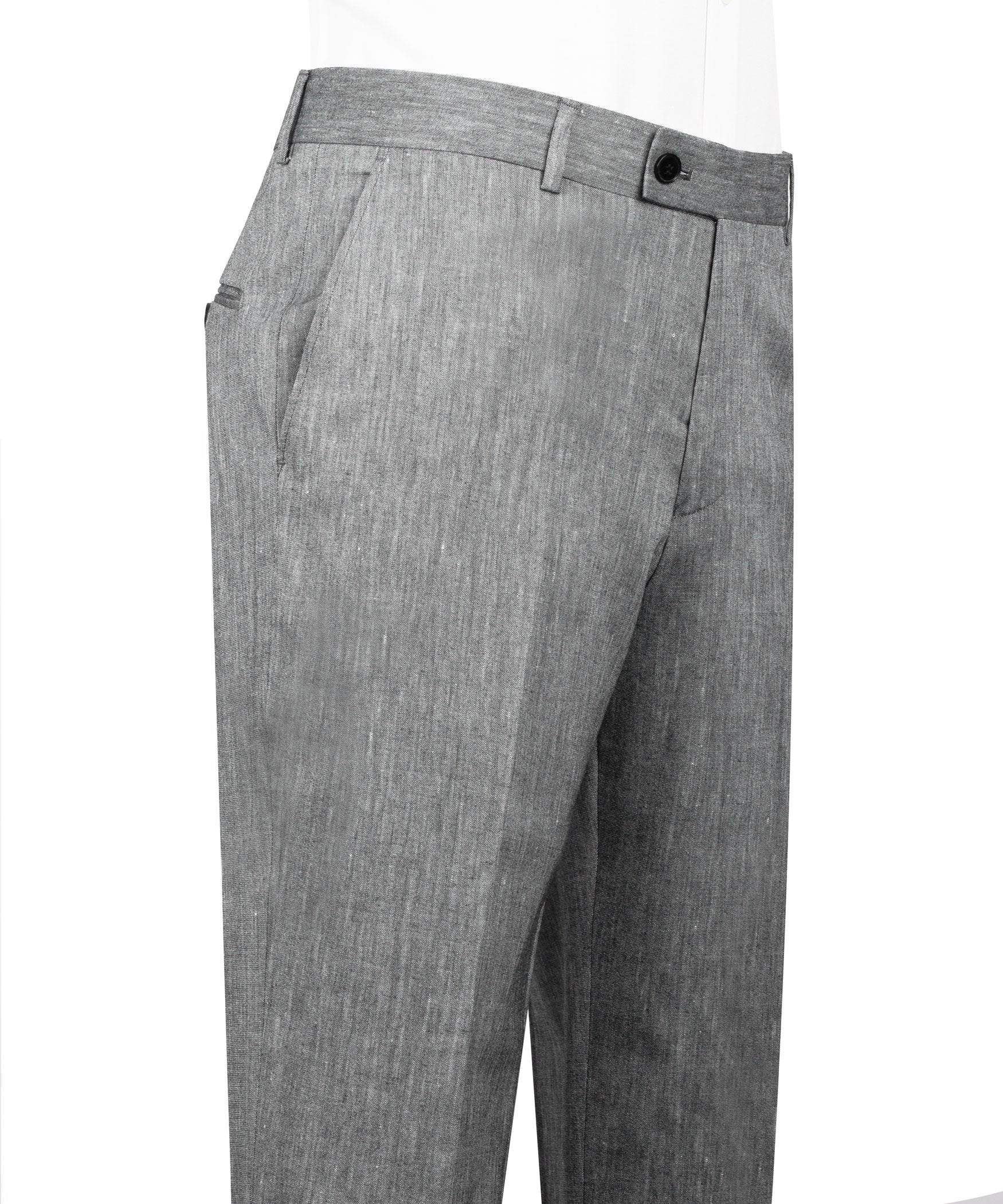 Gray linen suit trousers with waistband, belt loops and front pleats