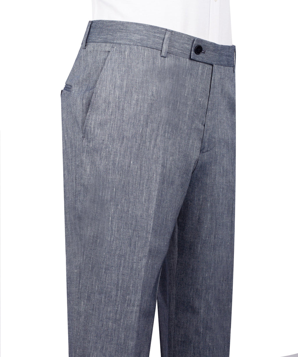 Grey linen suit trousers with belt loops, flat front, and side pockets