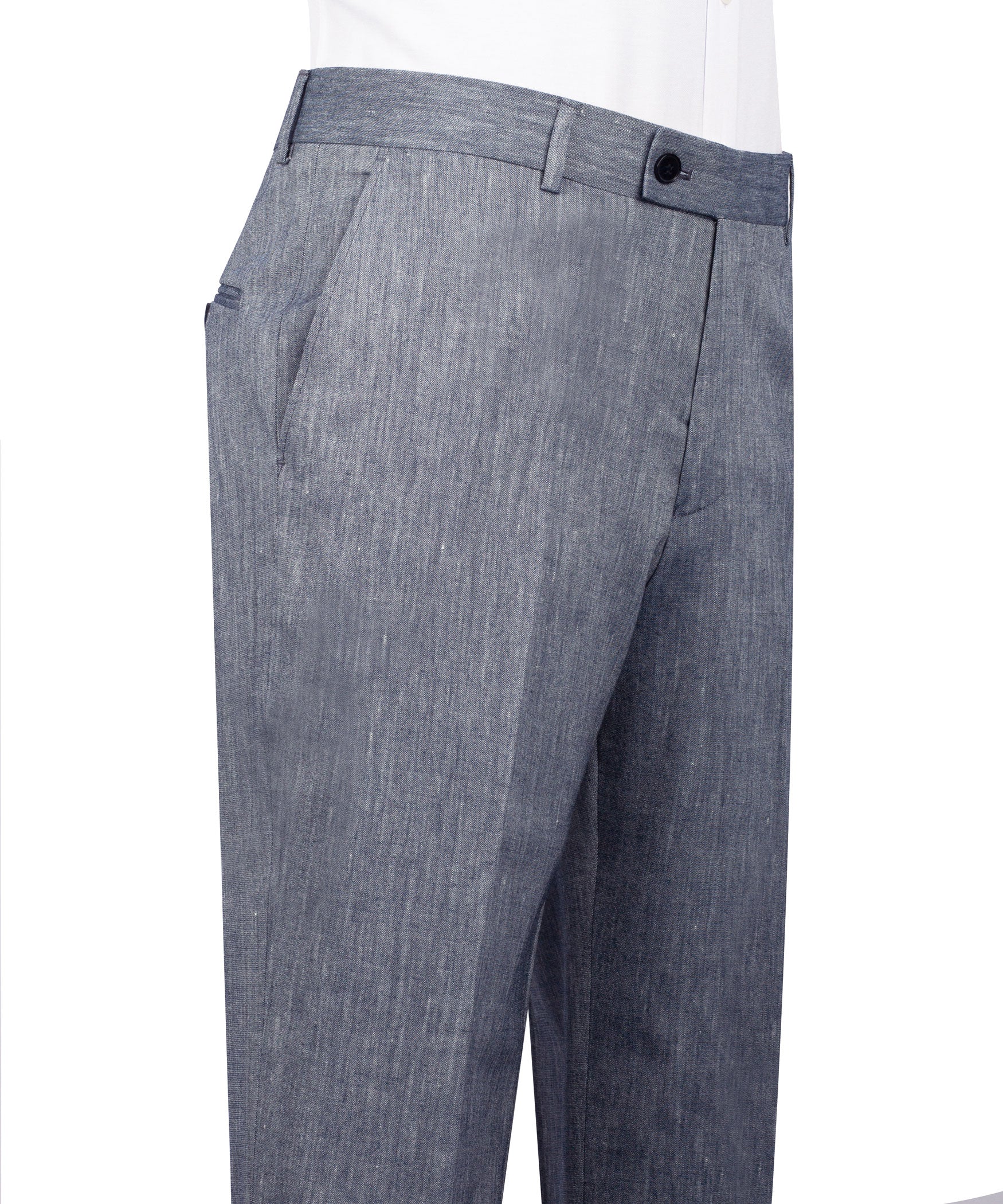 Grey linen suit trousers with belt loops, flat front, and side pockets