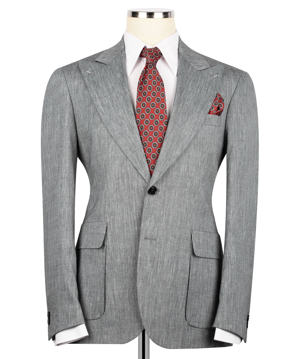 Gray linen men’s suit set: single-breasted jacket with notched lapels and pants