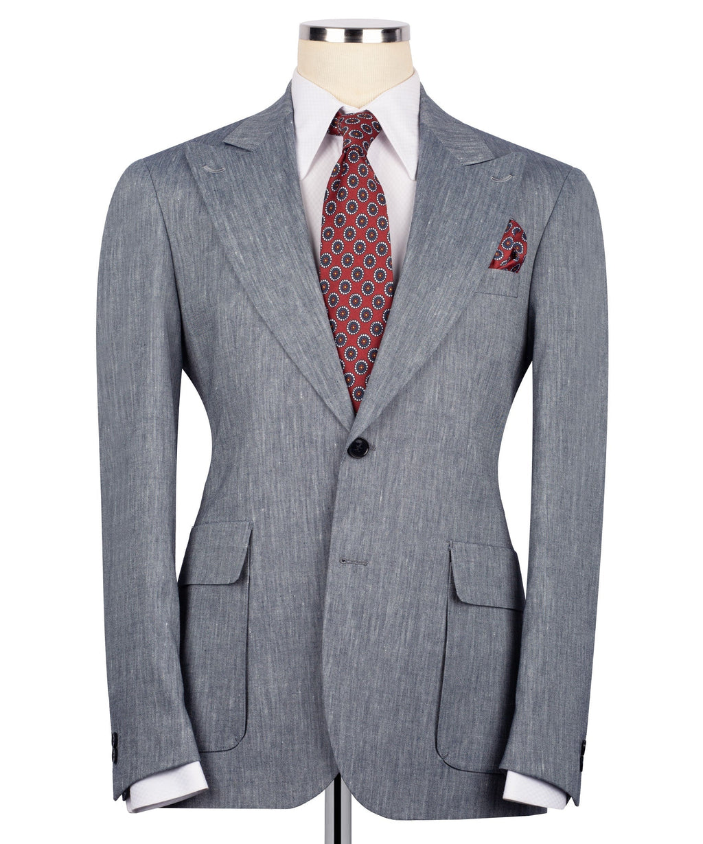 Grey linen suit jacket with notch lapel, front flap pockets, tie and pocket square