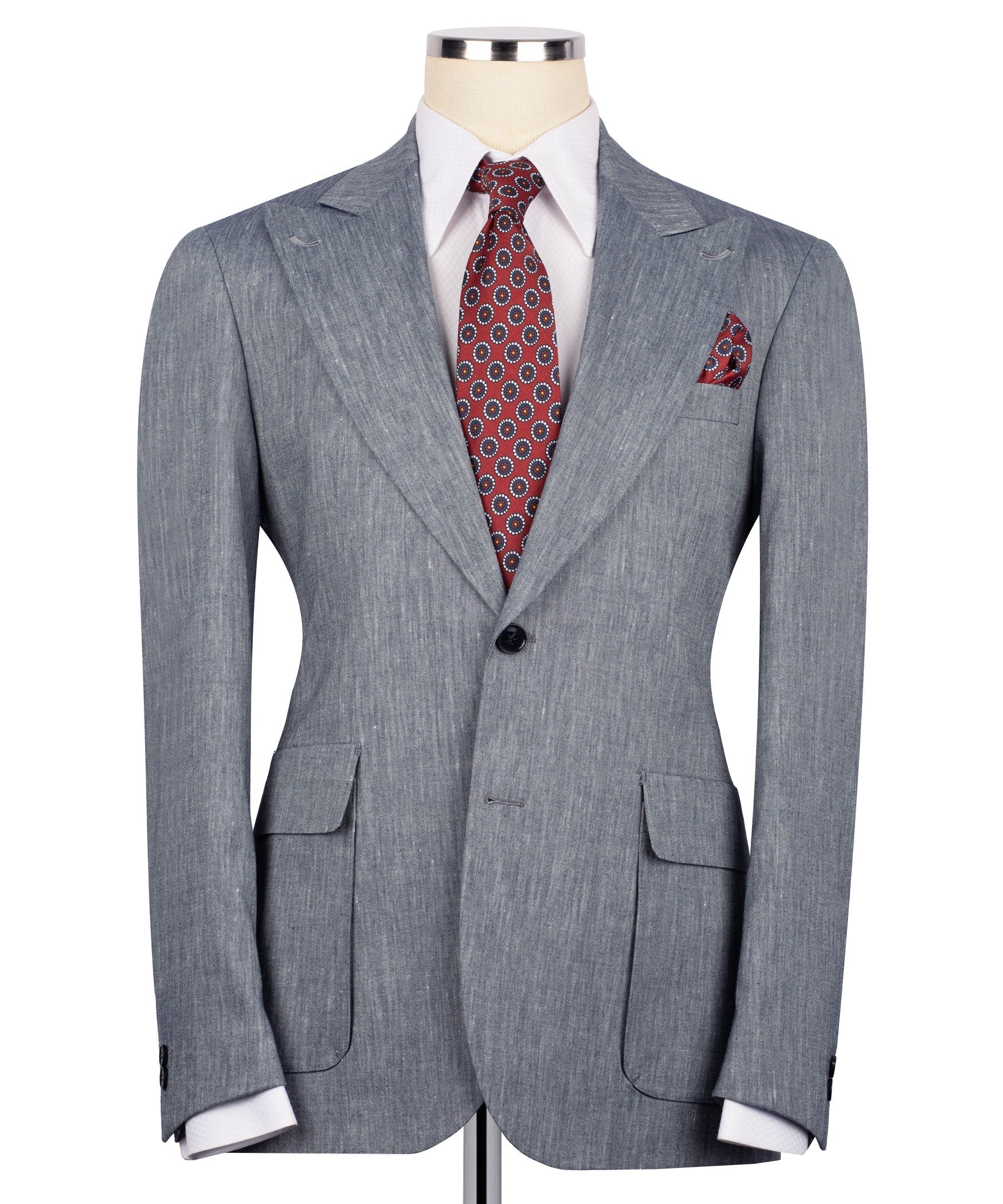 Grey linen suit jacket with notch lapel, front flap pockets, tie and pocket square