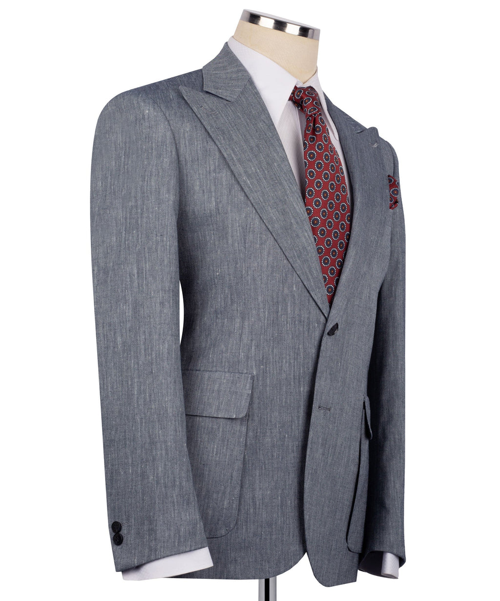 Grey linen suit jacket, side view with notch lapel and chest pocket