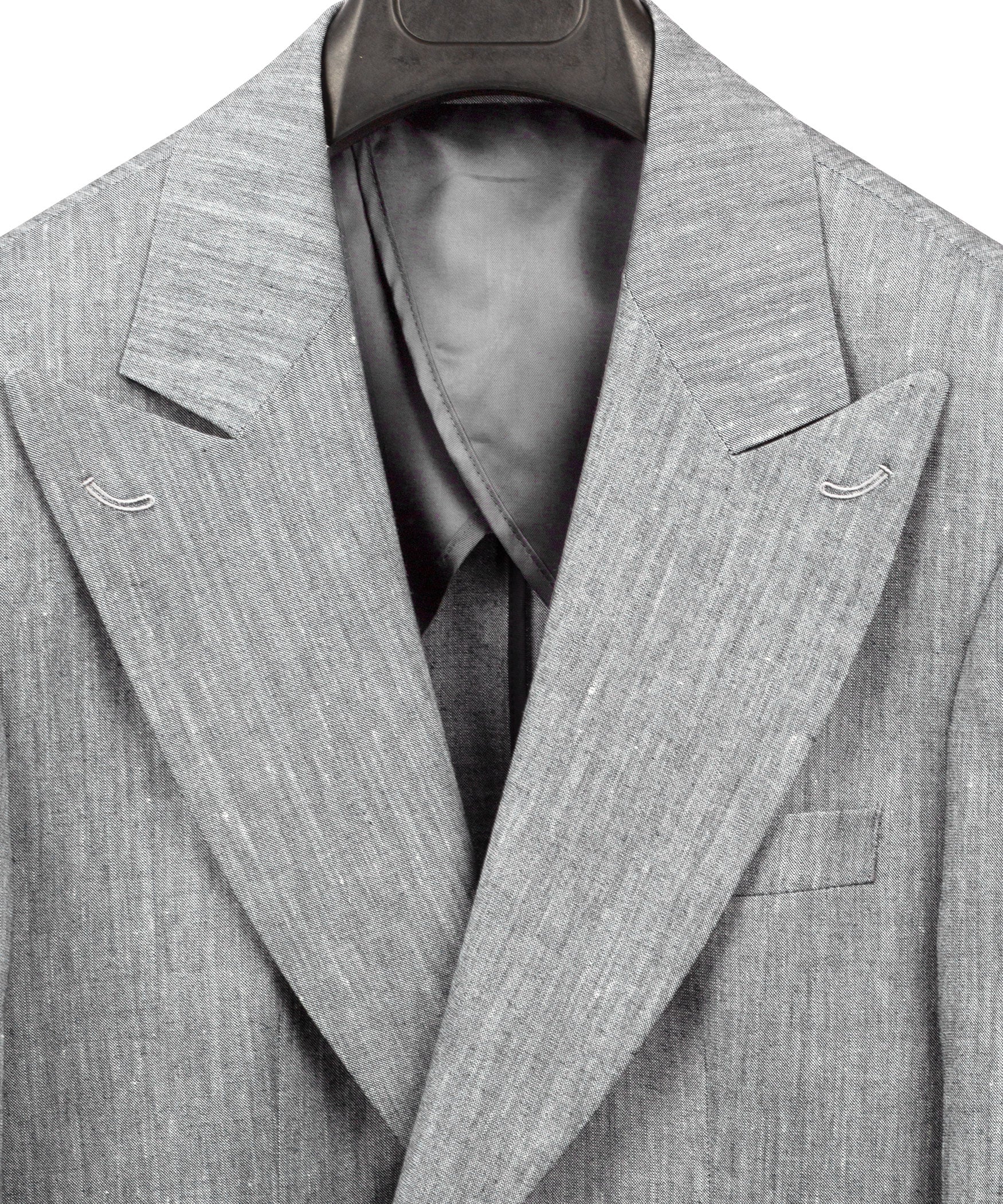 Gray linen suit jacket with open front, tie and chest pocket