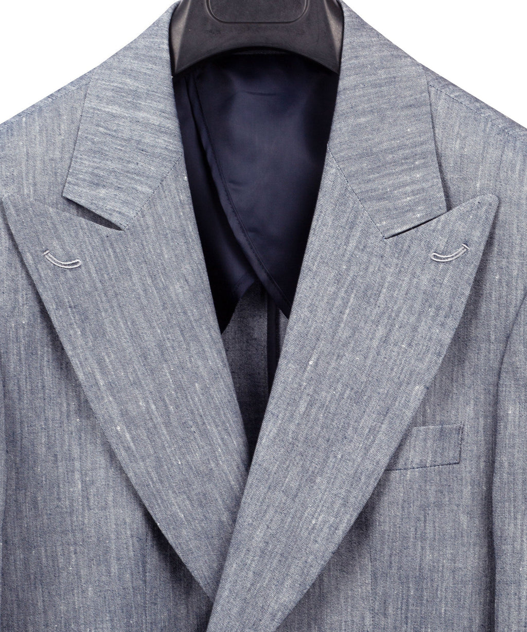 Grey linen suit jacket open view showing lining, notch lapel, and chest pocket