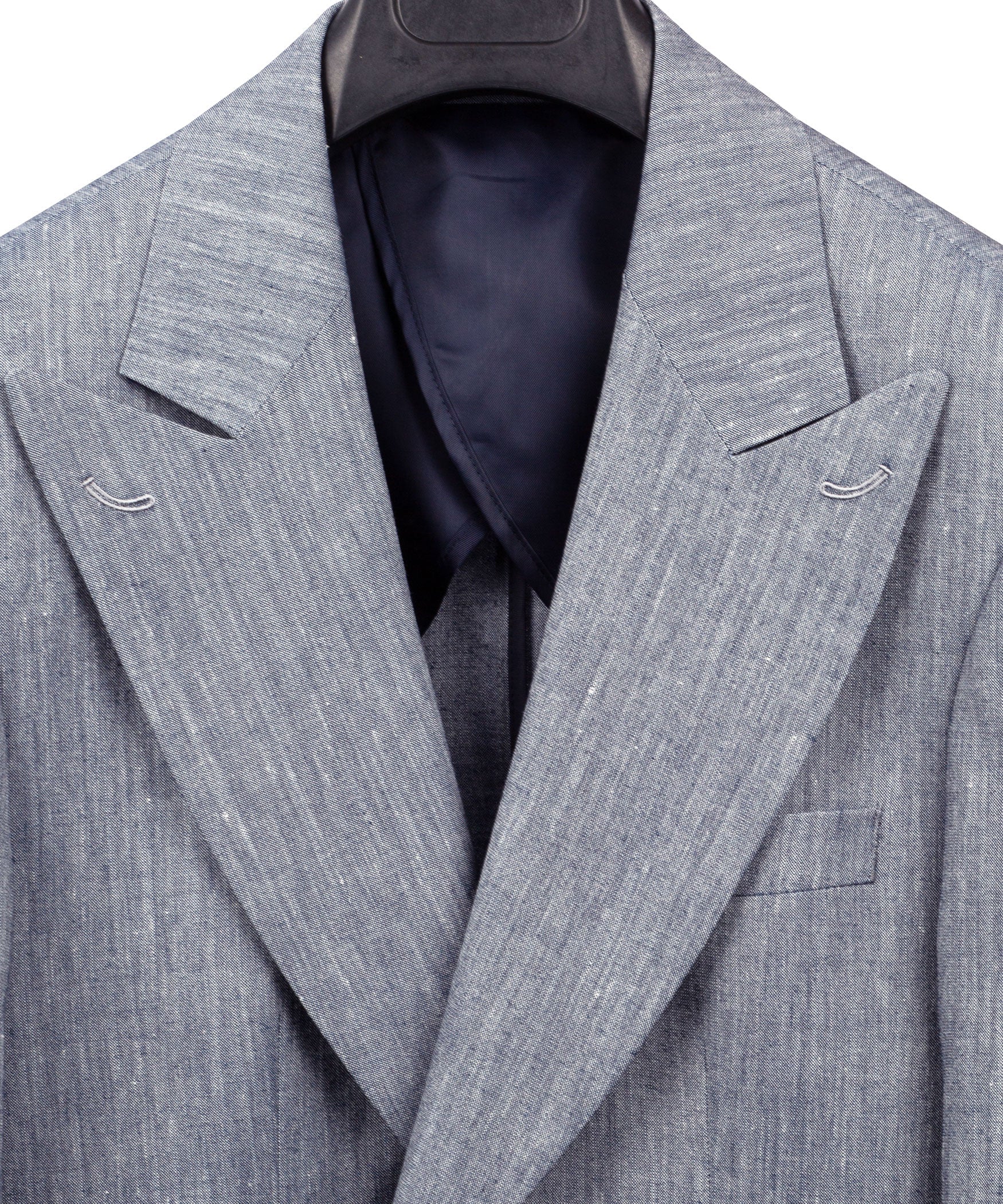 Grey linen suit jacket open view showing lining, notch lapel, and chest pocket