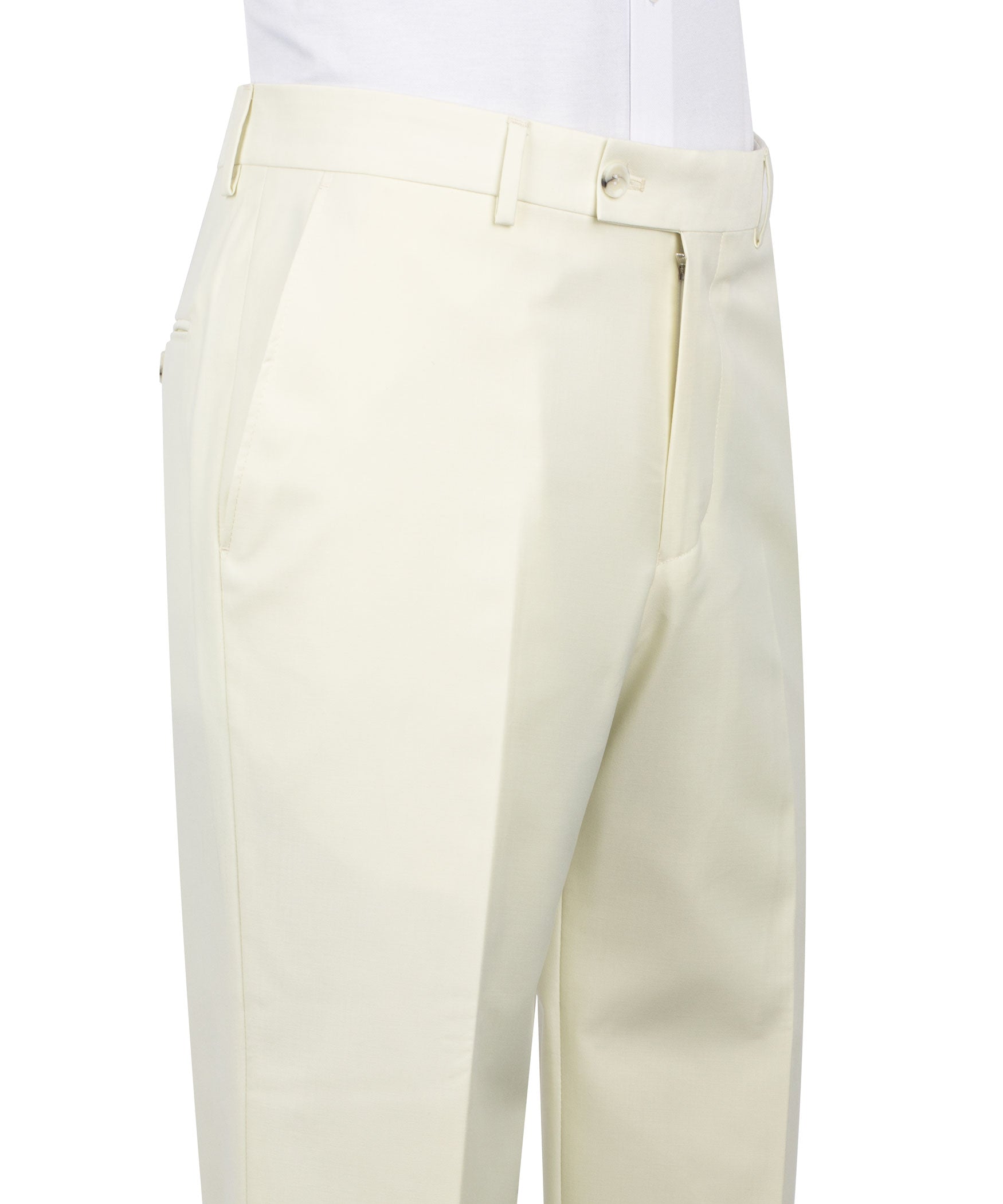 Cream tuxedo trousers with belt loops, front pleat, and button closure