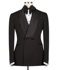 Black tuxedo jacket with shawl collar, double-breasted buttons, bow tie