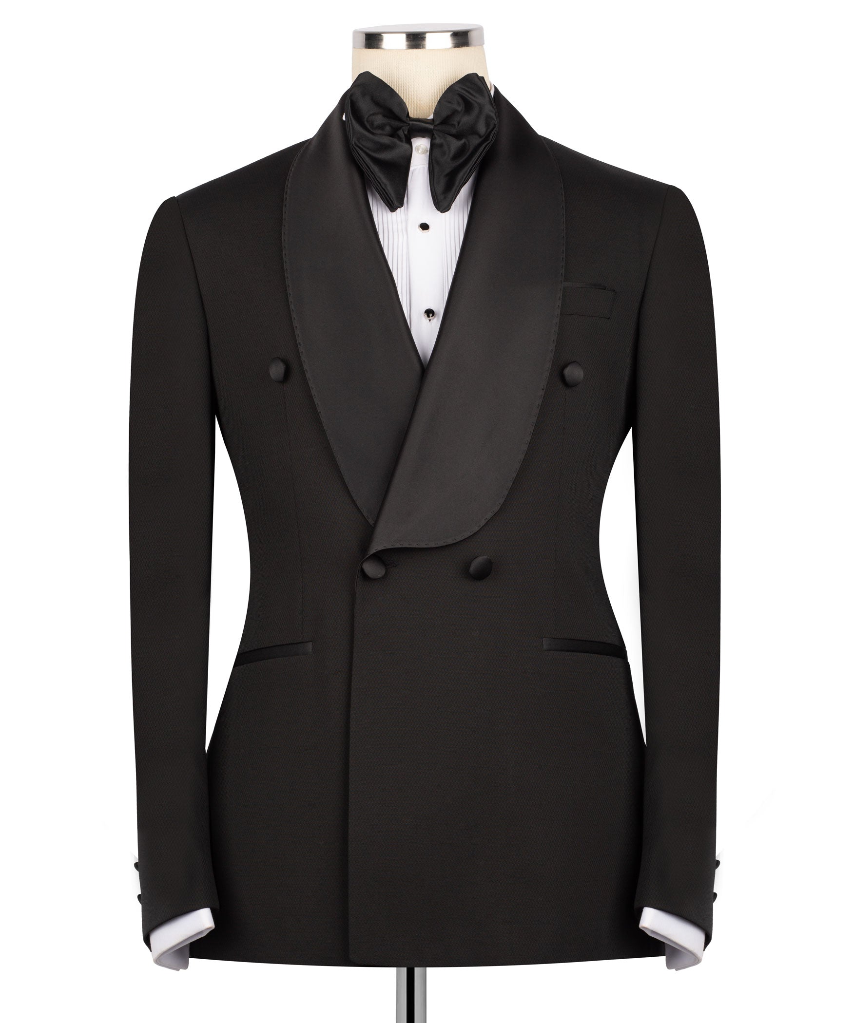 Black tuxedo jacket with shawl collar, double-breasted buttons, bow tie