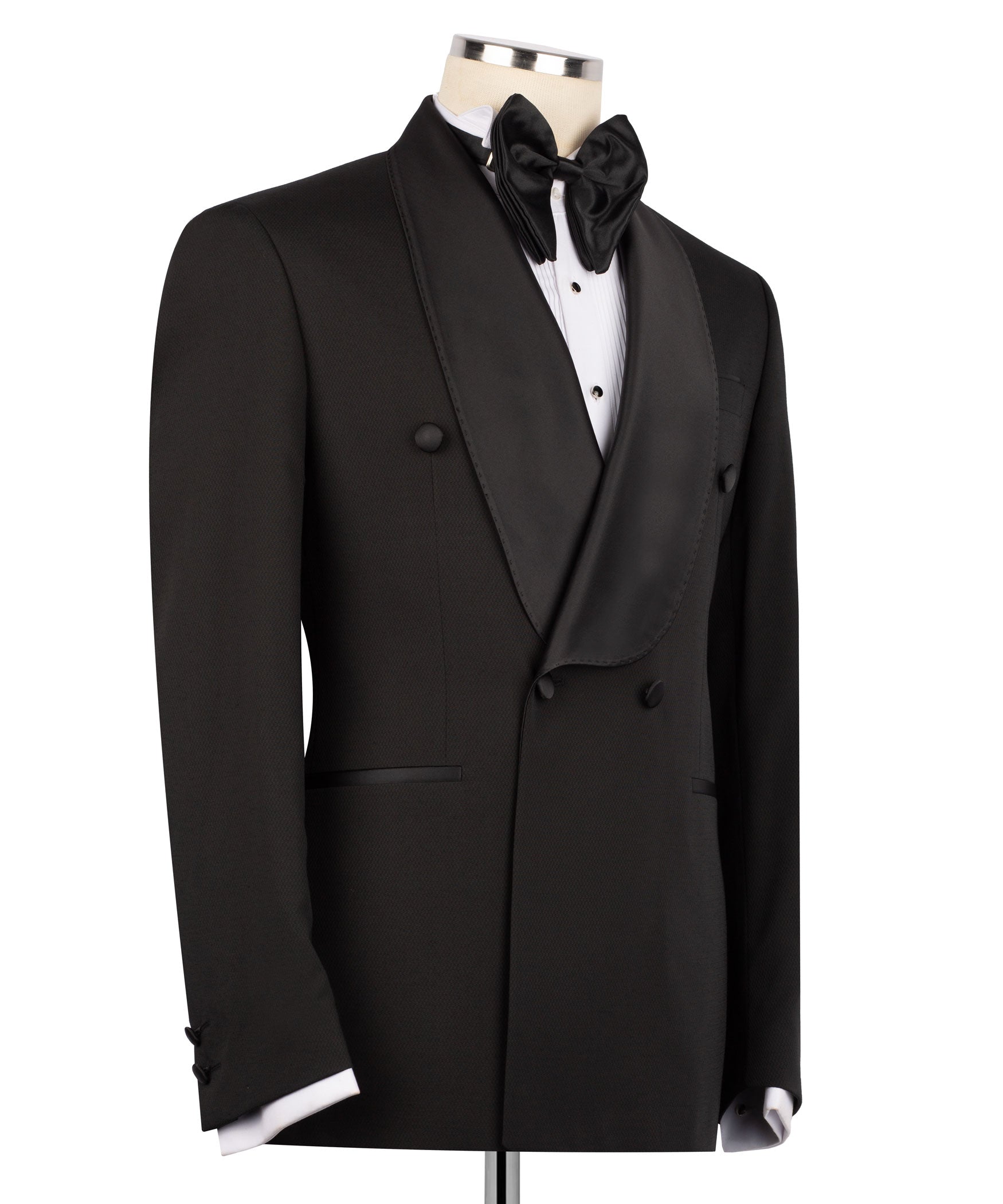 Black tuxedo jacket front view with shawl lapels, double-breasted closure, bow tie