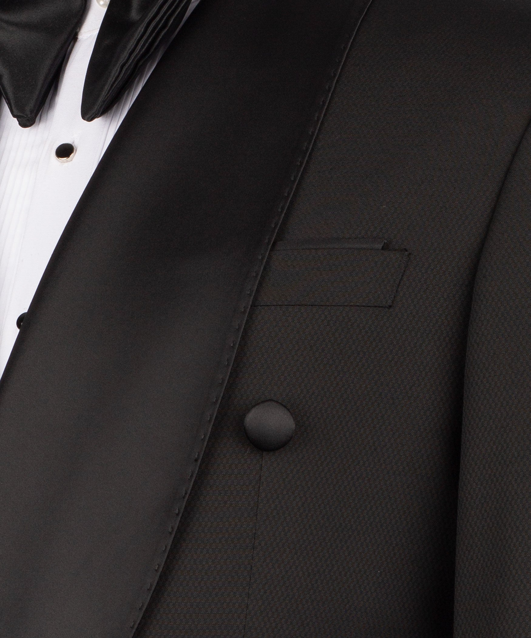 Black textured tuxedo blazer with flap pocket, satin lapel, black button