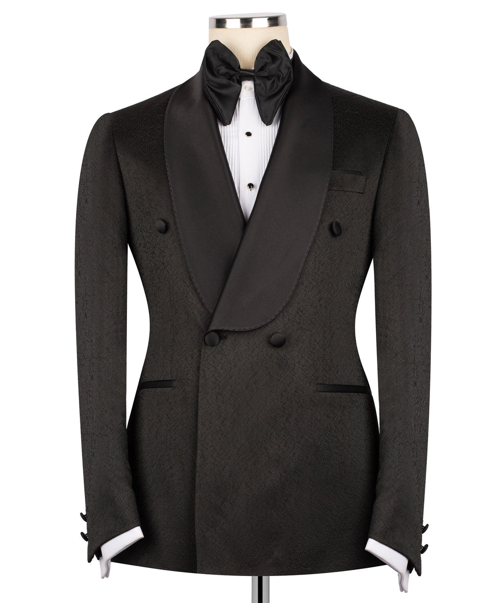 Black tuxedo jacket and waistcoat set, shawl collar, double-breasted buttons