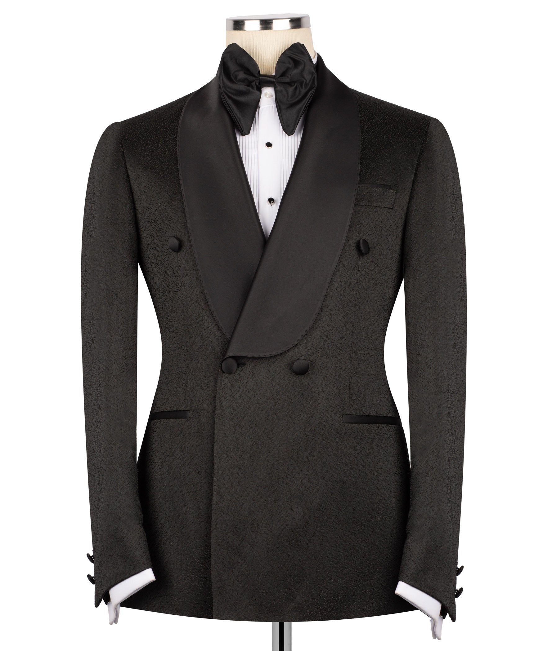 Black tuxedo jacket and waistcoat set, shawl collar, double-breasted buttons