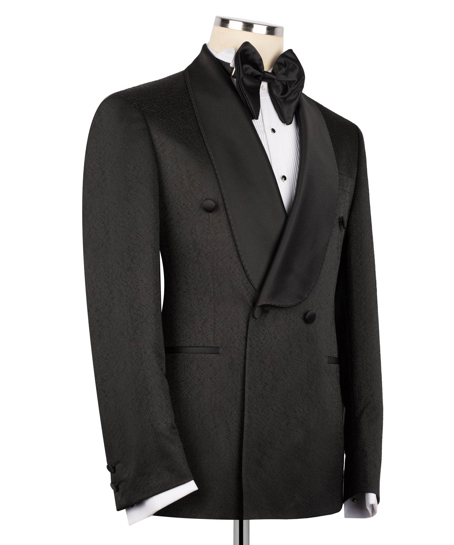 Black tuxedo jacket with bow tie and pocket flap details, double-breasted front
