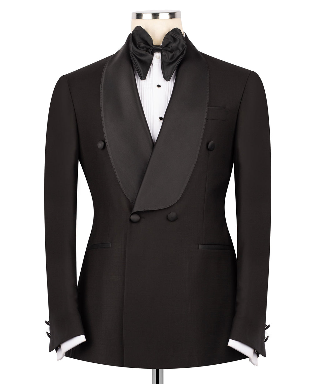 Black tuxedo jacket with shawl collar, satin lapels, double-breasted buttons
