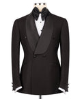 Black tuxedo jacket with shawl collar, satin lapels, double-breasted buttons