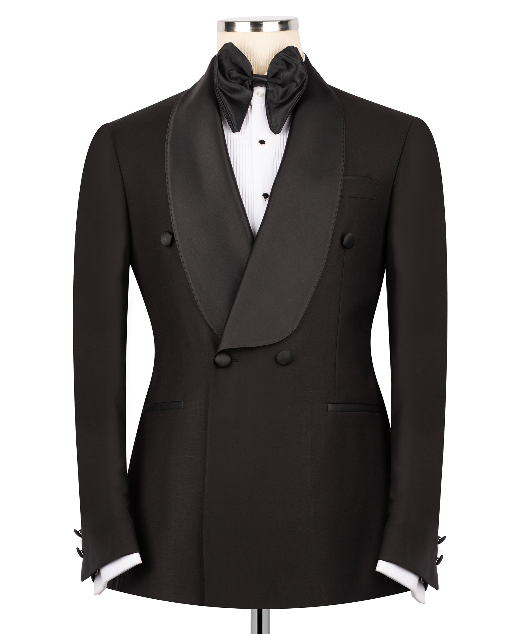 Black tuxedo jacket with shawl collar, satin lapels, double-breasted buttons