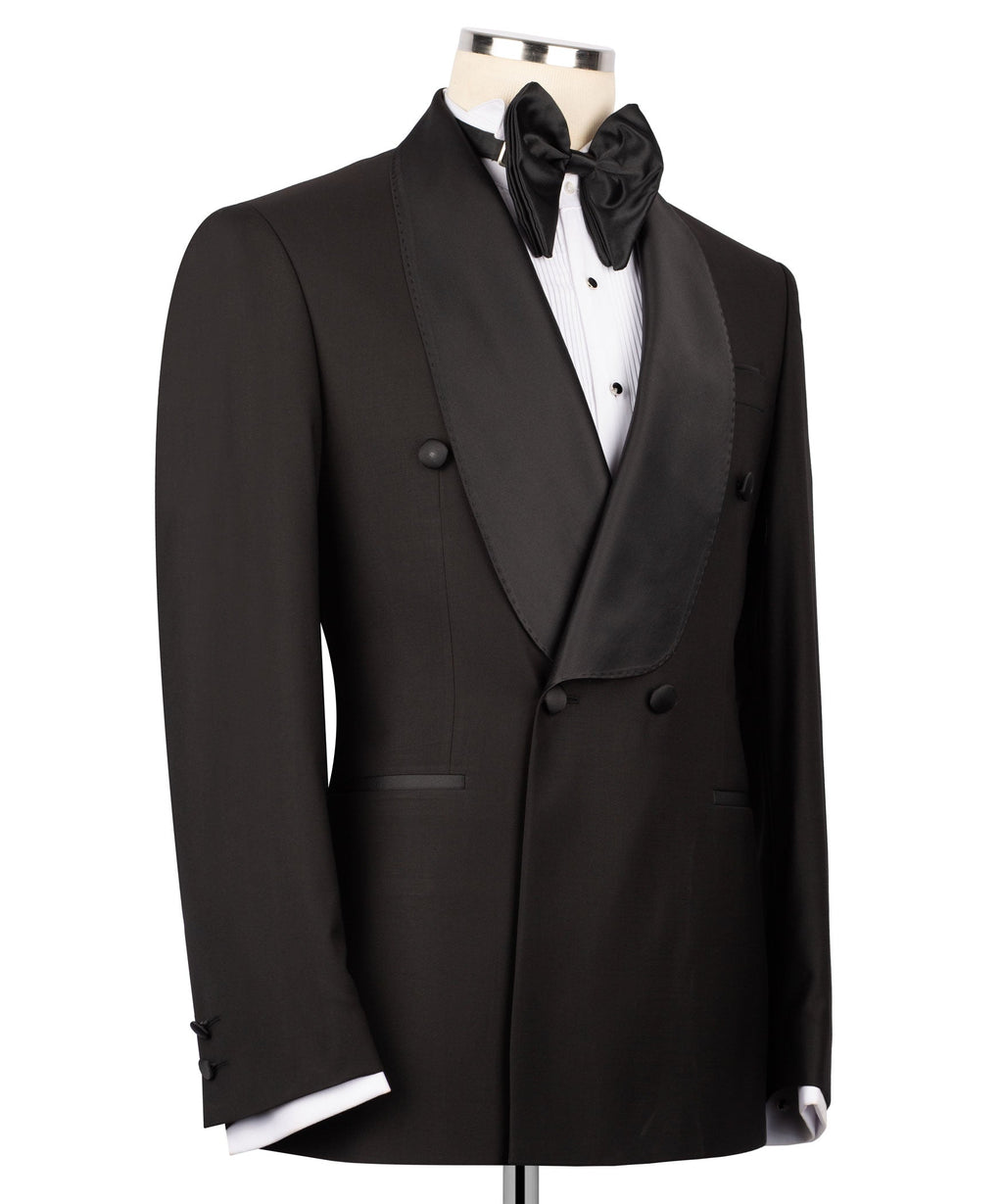 Black double-breasted tuxedo jacket with satin shawl lapel and bow at neckline