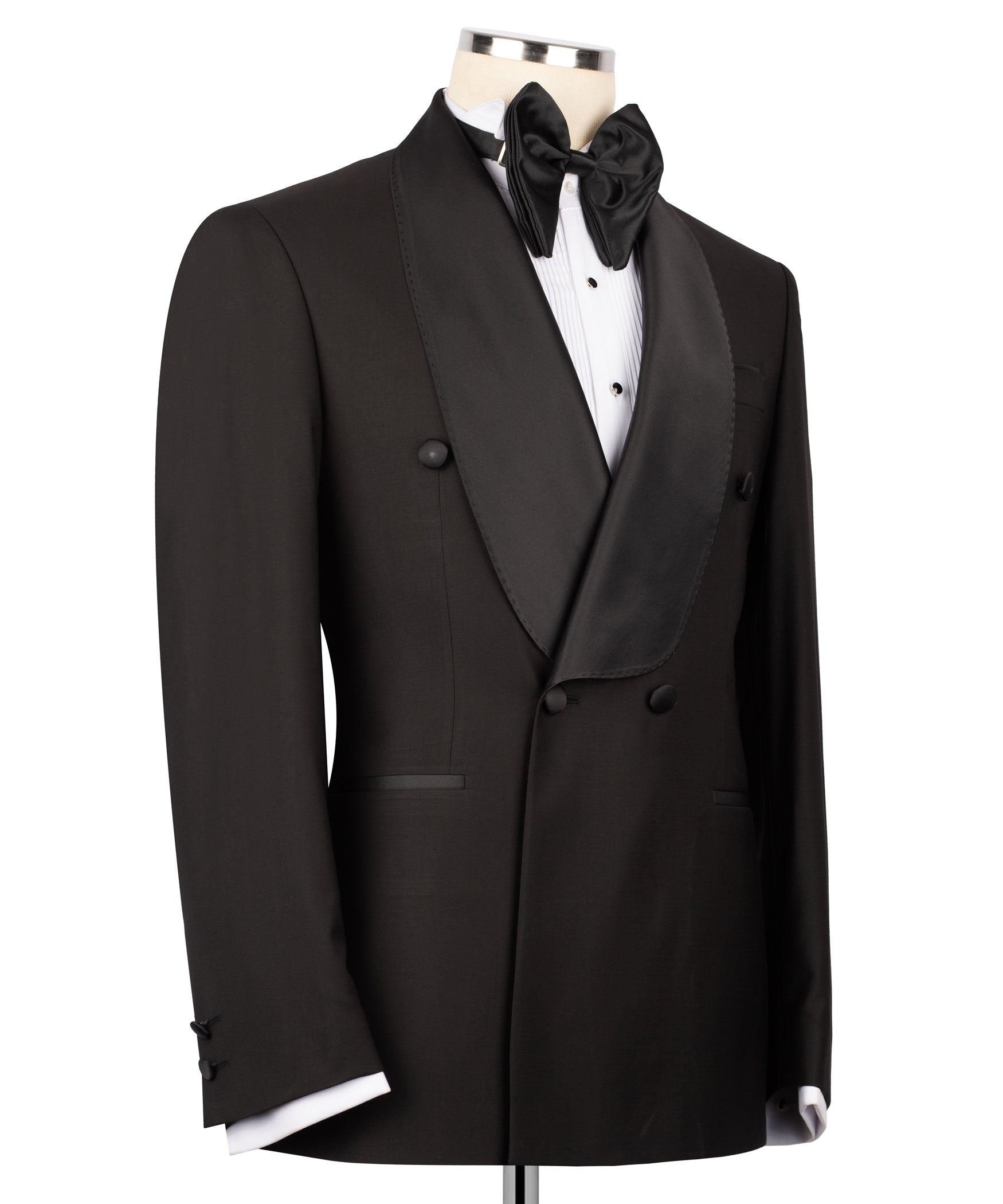 Black double-breasted tuxedo jacket with satin shawl lapel and bow at neckline