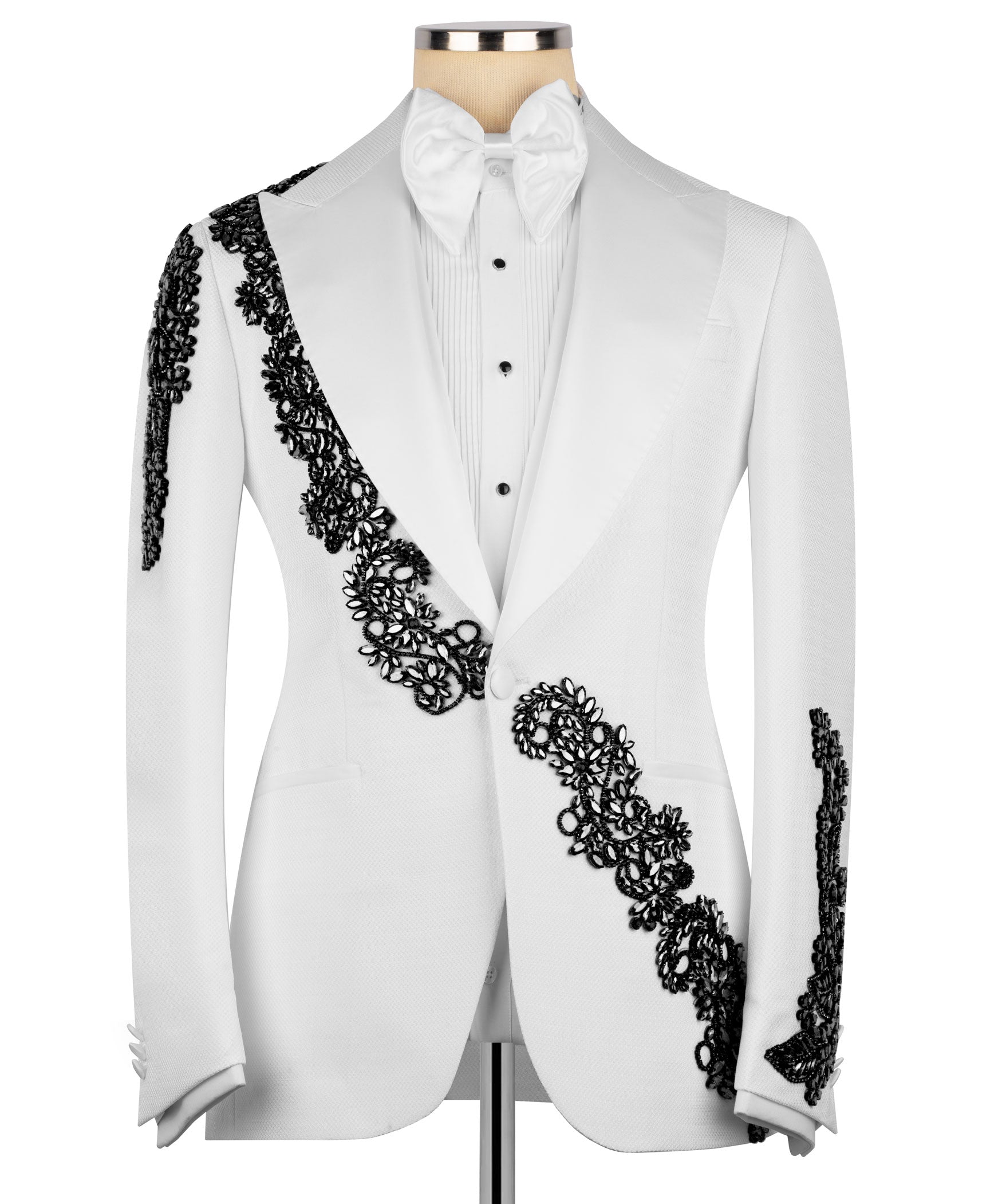 White tuxedo jacket with black stone-embroidered trim and matching vest, bow tie