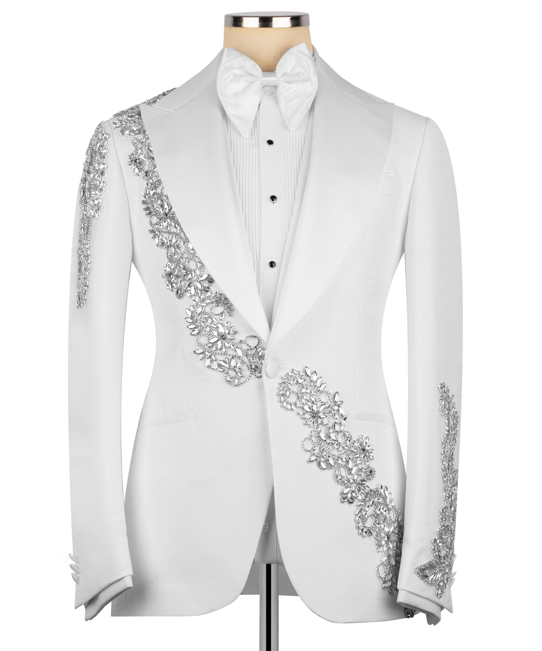White tuxedo jacket with cascading silver stone embroidery down chest and sleeves