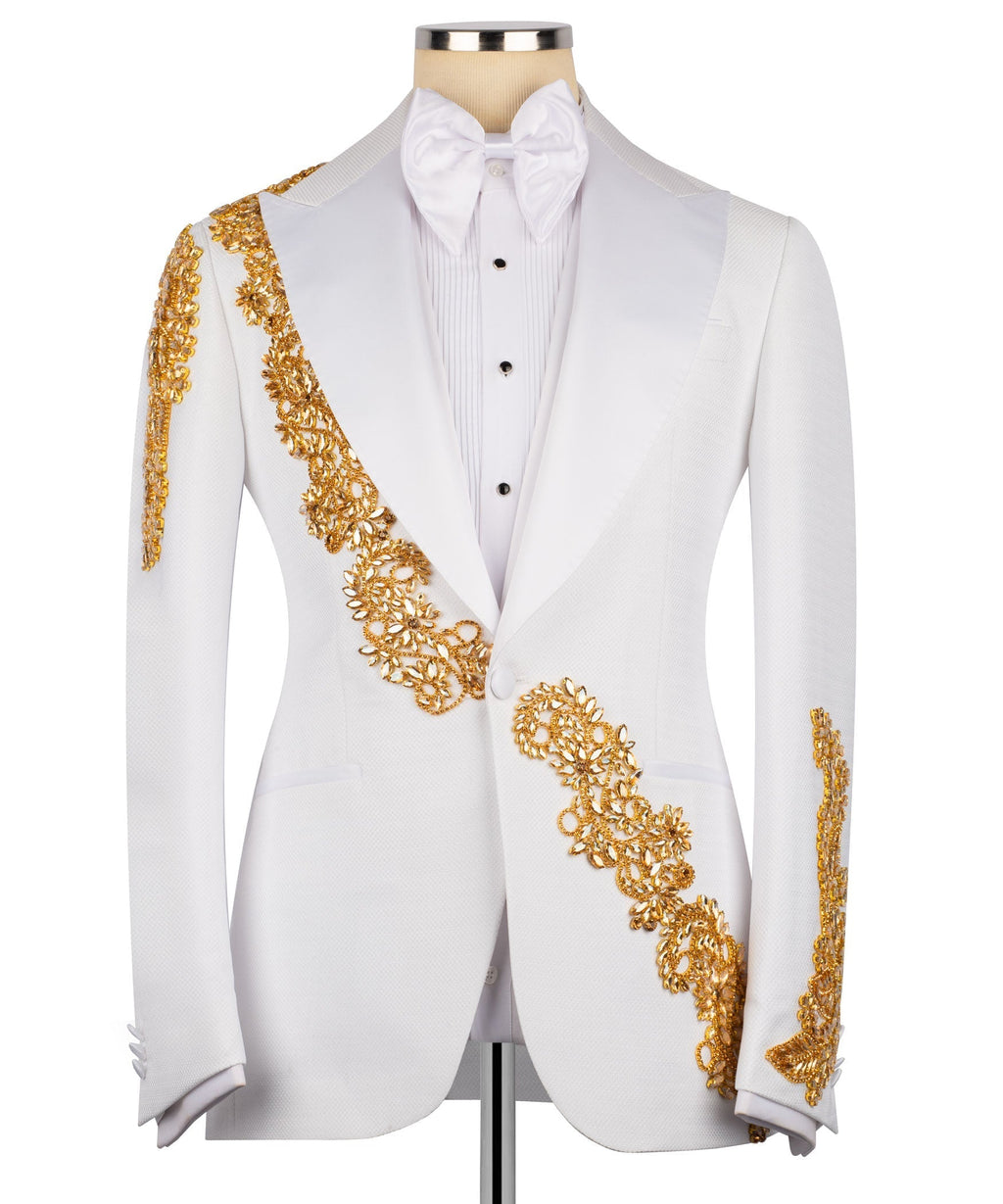 White tuxedo jacket front with gold stone-embroidered lapel and matching trim vest
