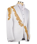 White tuxedo jacket side view with gold stone-embroidered sash and bow tie